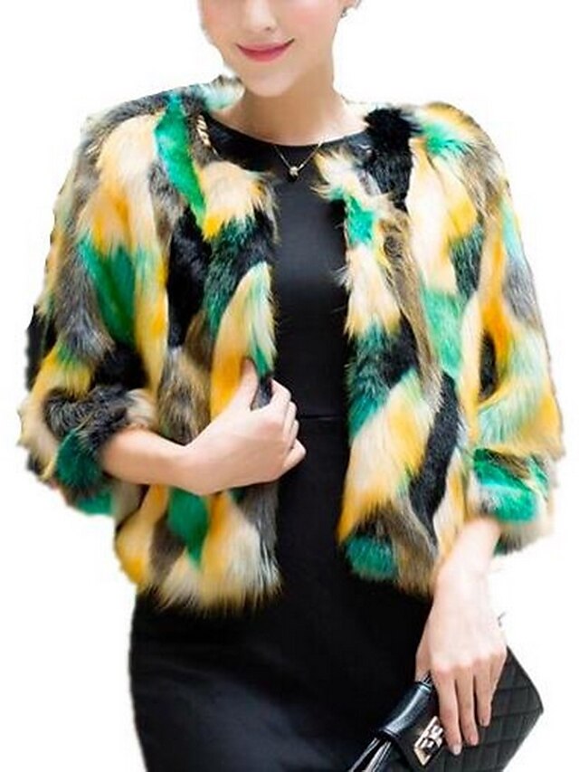  Women's Fur Coat Short Color Block Daily Basic Red Green S M L