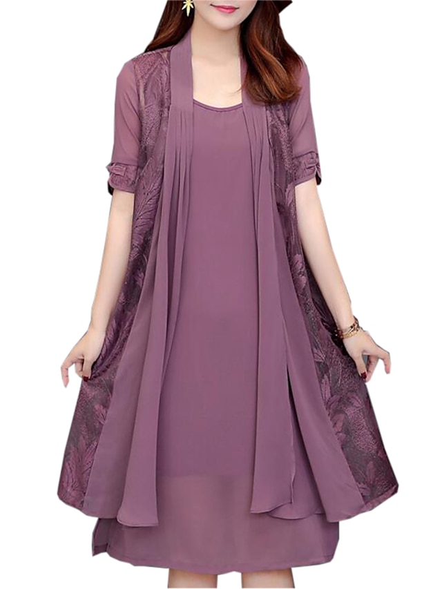  Women's Plus Size Two Piece Dress Knee Length Dress - Short Sleeve Solid Colored Lace Spring Fall Daily Loose Black Purple Red Navy Blue L XL XXL XXXL XXXXL