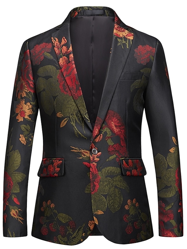 Men's Active Streetwear Party Blazer Regular Regular Fit Floral Black ...