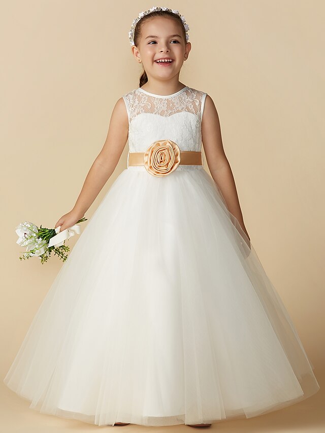  Princess Ankle Length Flower Girl Dress Wedding Cute Prom Dress Lace with Sash / Ribbon Fit 3-16 Years