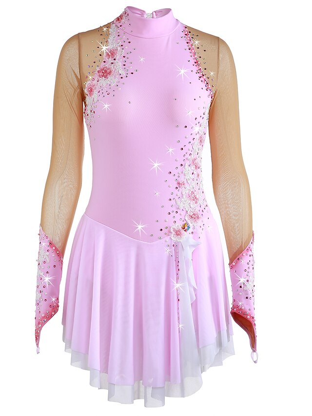  Robe de Patinage Artistique Femme Fille Patinage Robes Tenue Rose pâle Fleur Spandex Haute élasticité Compétition Tenue de Patinage Chaud Fait à la main A Bijoux Strass Manches Longues Patinage sur