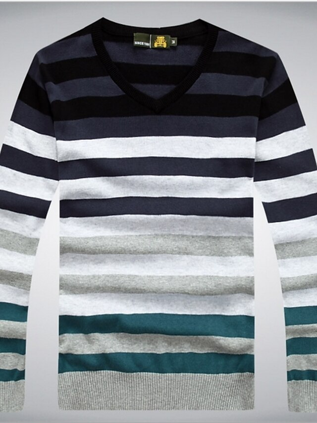  Men's Daily Striped Long Sleeve Regular Pullover Sweater Jumper, V Neck Black / Light Blue / Red M / L / XL