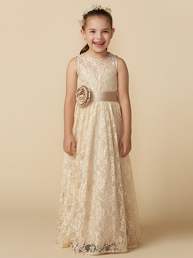  A-Line Floor Length Flower Girl Dress - Lace Sleeveless Jewel Neck with Sash / Ribbon / Flower by LAN TING BRIDE®