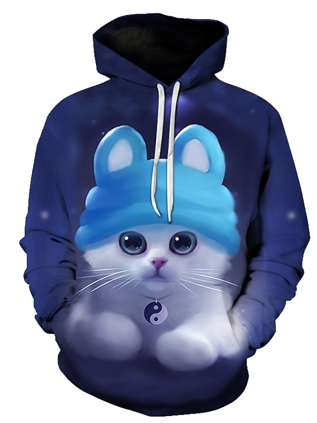  Men's Plus Size Hoodie Cartoon Cat Geometric Print Hooded Daily Going out 3D Print Active Hoodies Sweatshirts  Long Sleeve Blue / Fall / Winter