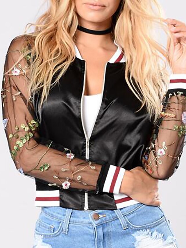  Women's Daily / Going out Street chic / Sophisticated Summer / Fall Short Jacket, Floral Print Round Neck Long Sleeve Polyester Embroidered Black