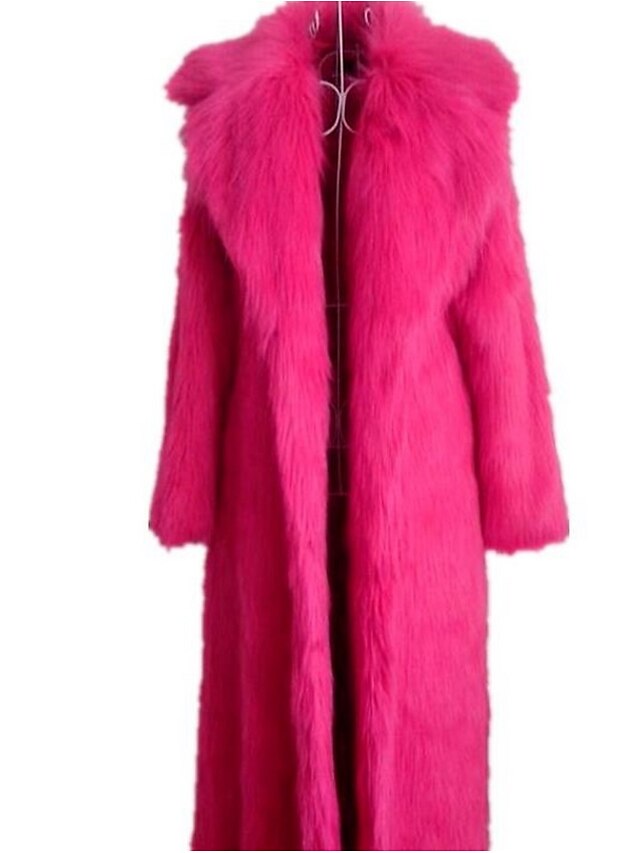  Women's Daily Basic Winter Maxi Fur Coat, Solid Colored Fold-over Collar Long Sleeve Faux Fur Yellow / Fuchsia / Royal Blue