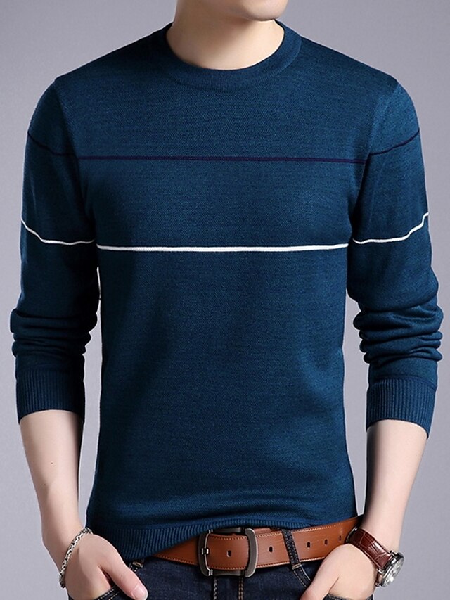  Men's Striped Pullover Long Sleeve Regular Sweater Cardigans Round Neck Black Blue Red