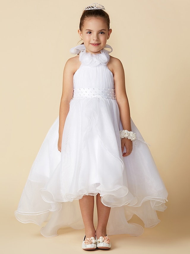 A-Line Asymmetrical Flower Girl Dress Wedding Cute Prom Dress Organza with Bow(s) Fit 3-16 Years