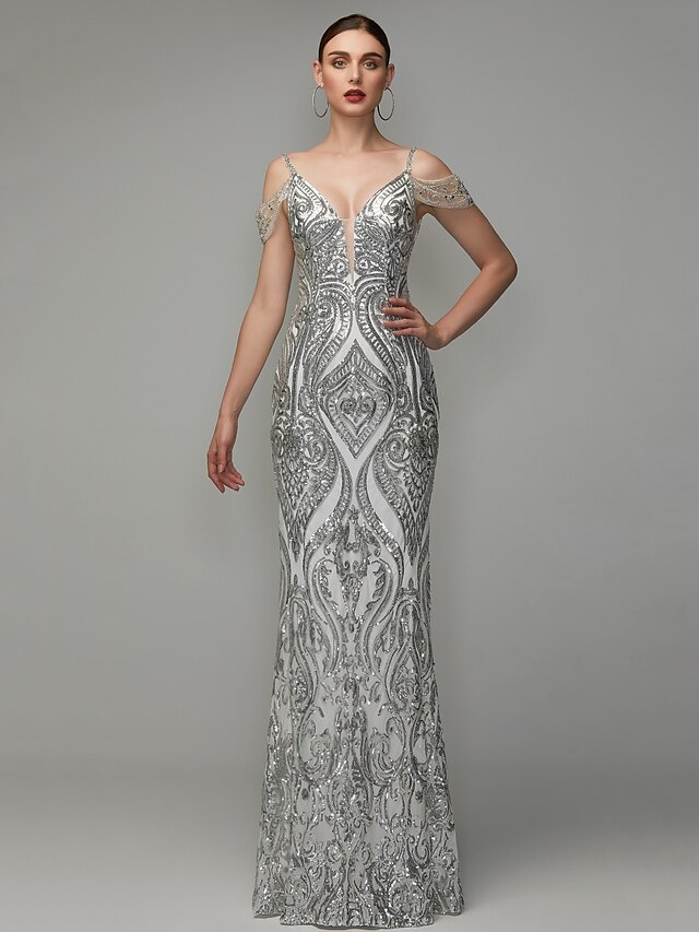  Sheath / Column Elegant Beaded & Sequin Prom Formal Evening Dress V Neck Short Sleeve Floor Length Sequined with Beading Sequins 2020