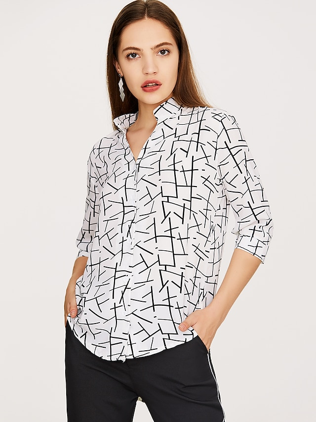 Women's Blouse Geometric Shirt Collar Daily Going out Patchwork Long Sleeve Loose Tops Basic Streetwear White