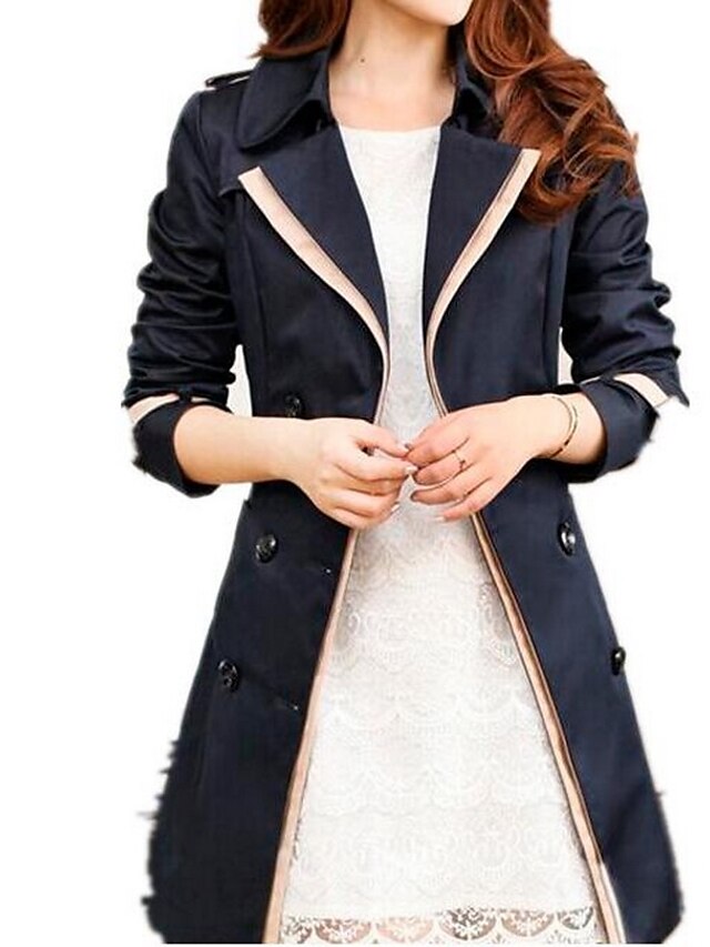  Women's Fall & Winter Trench Coat Long Color Block Daily Basic Black Khaki S M L