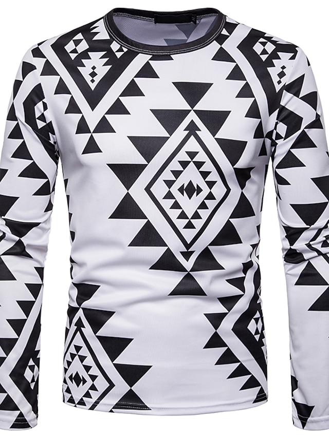  Bărbați Geometric Alb negru Imprimeu Tricou - Bumbac Vintage Boho Concediu Ieșire Alb / Manșon Lung