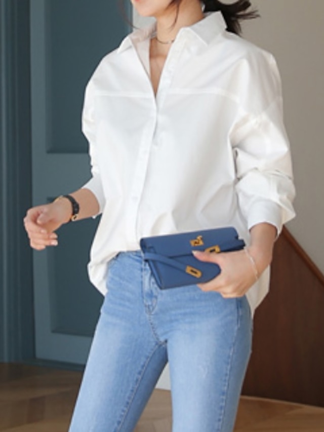  Women's Daily Work Basic Slim Shirt - Solid Colored Shirt Collar Blue