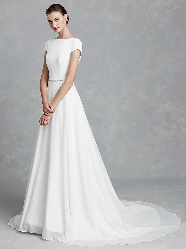  A-Line Wedding Dresses Bateau Neck Court Train Chiffon Satin Short Sleeve Simple Backless with Crystal Brooch 2021