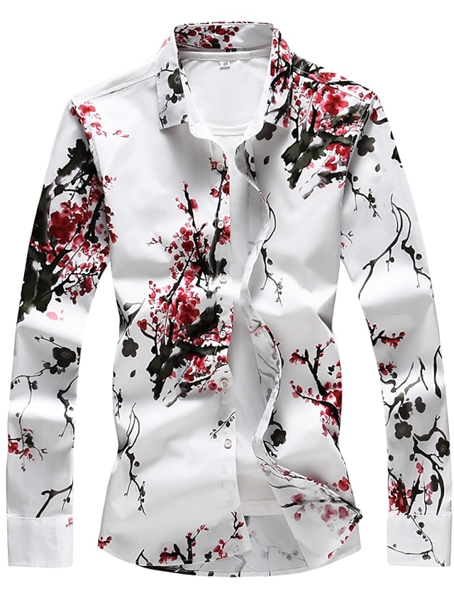  Men's Shirt Floral Nature & Landscapes Plus Size Print Long Sleeve Casual Slim Tops Party Basic Beach Red