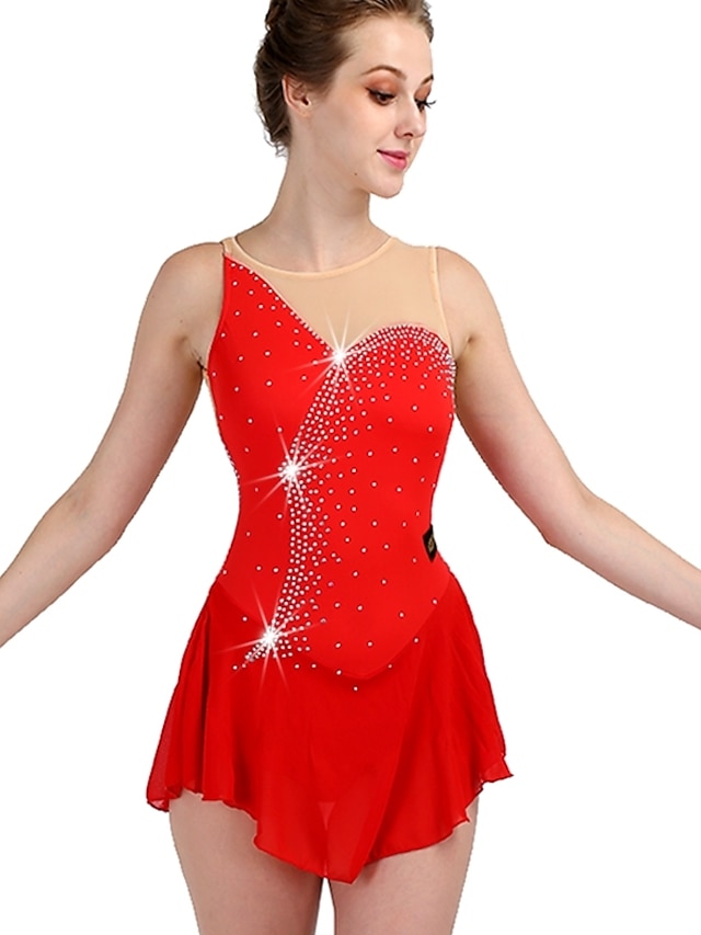 Sports & Outdoors Ice Skating | Figure Skating Dress Womens Girls Ice Skating Dress Outfits Red Mesh Spandex High Elasticity Tra