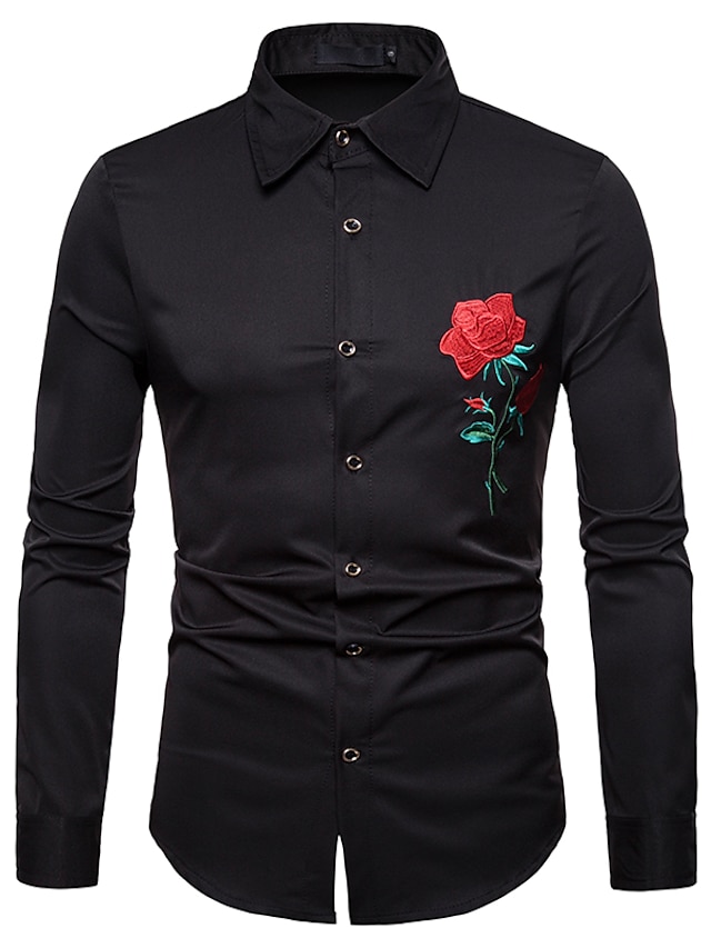 Mens Clothing Mens Shirts | Mens Shirt Floral Solid Colored Square Neck Daily Work Embroidered Long Sleeve Slim Tops Business Ba