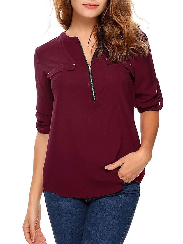  Women's Daily T-shirt - Solid Colored V Neck Wine