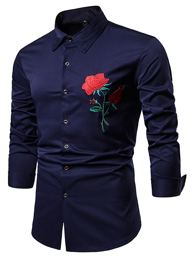 Mens Clothing Mens Shirts | Mens Shirt Floral Solid Colored Square Neck Daily Work Embroidered Long Sleeve Slim Tops Business Ba