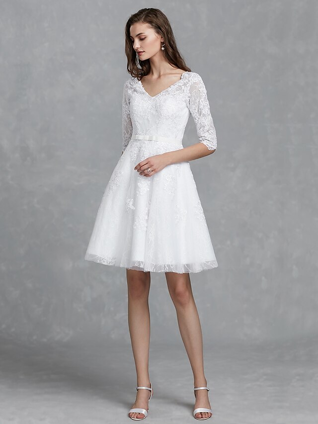 A-Line Wedding Dresses V Neck Knee Length Lace Half Sleeve Floral Lace ...
