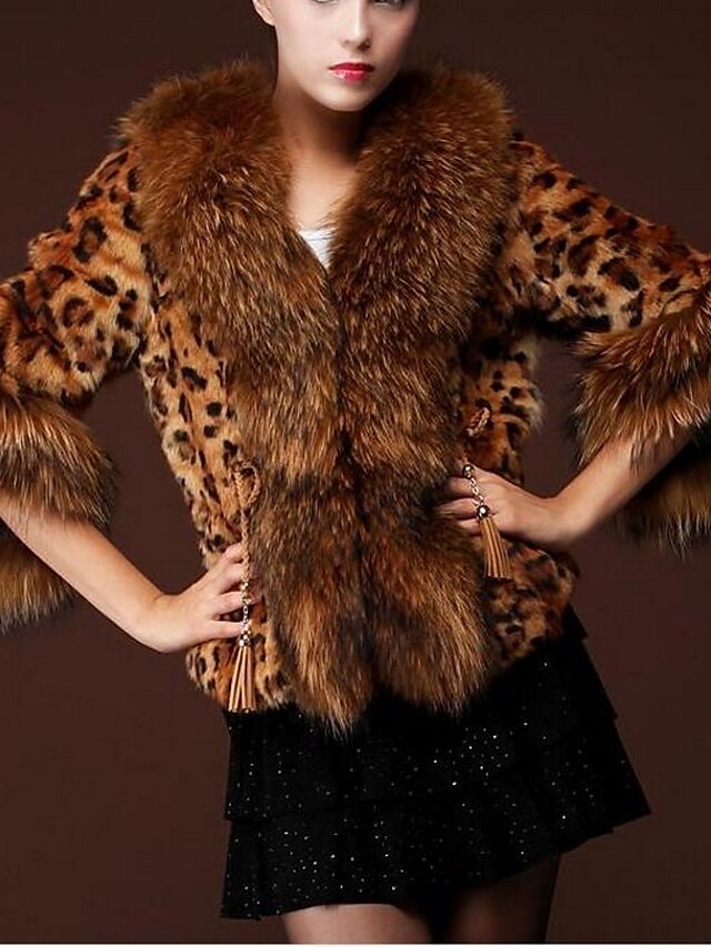  Women's Daily Basic Fall & Winter Short Fur Coat, Leopard Fold-over Collar 3/4 Length Sleeve Faux Fur Brown XL / XXL / XXXL