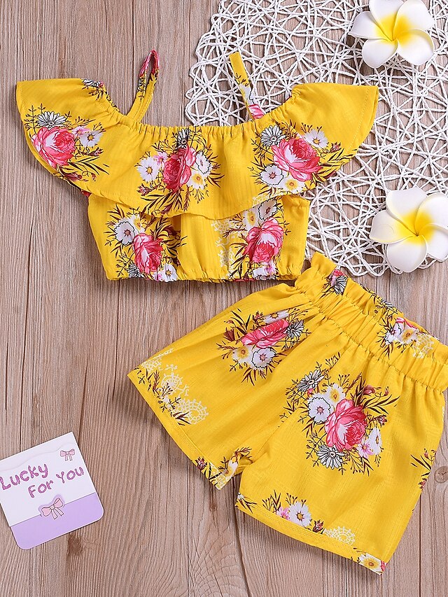  Kids Toddler Girls' Clothing Set Sleeveless Yellow Floral Print Daily Boho Short