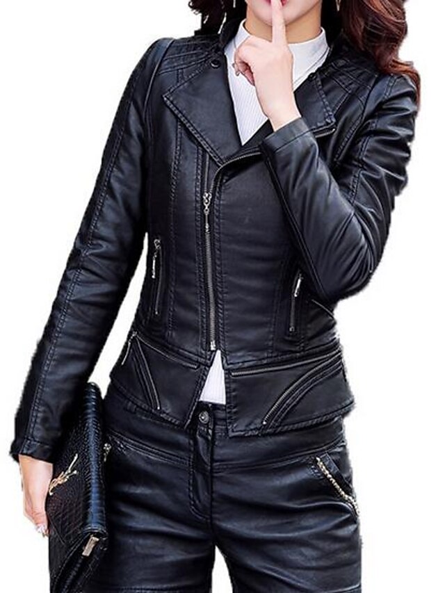  女性用 お出かけ レザージャケット - ストリートファッション タートルネック ソリッド