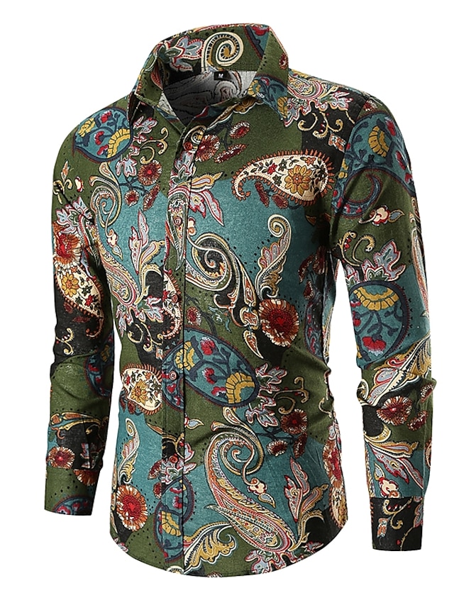  Men's Shirt Paisley Tribal Collar Street Daily Long Sleeve Tops Designer Basic Fashion Vintage Green Red / Wash with similar colours / Cool / Breathable / Holiday