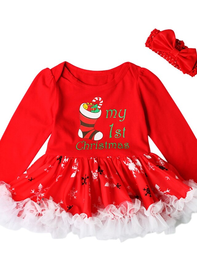  Bebelus Fete Activ De Bază Crăciun Petrecere Gril pe Kamado  Imprimeu Crăciun Manșon Lung Sub Genunchi Rochie Roșu-aprins