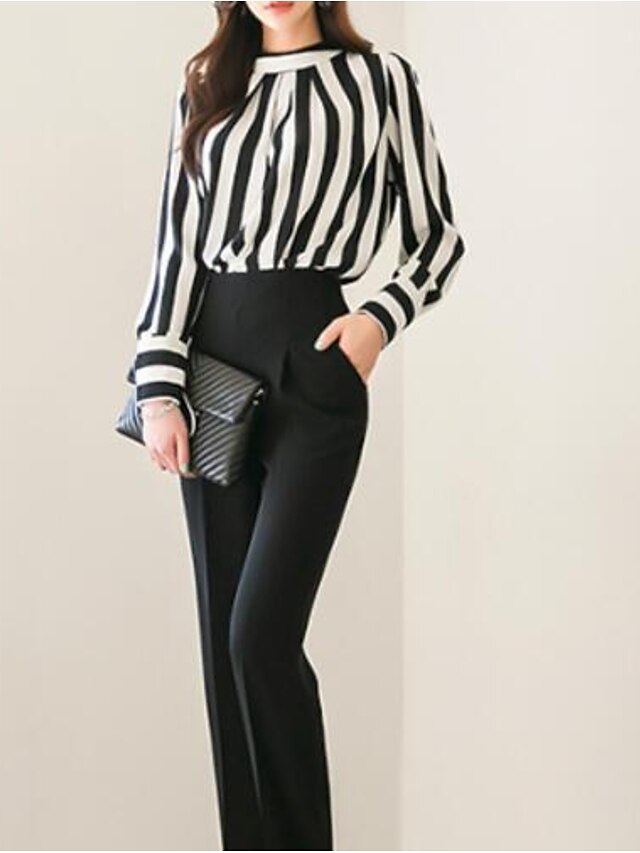  Women's Work Slim Shirt - Striped Color Block Pant Crew Neck