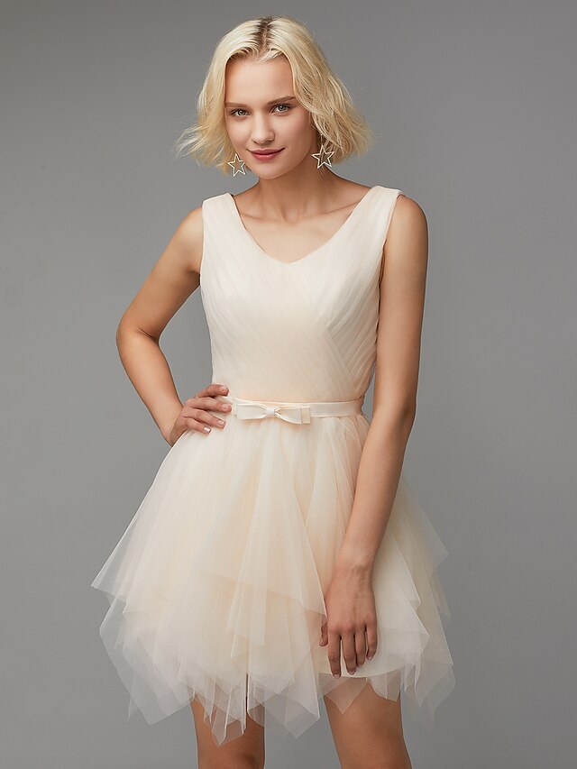  A-Line V Neck Knee Length Tulle Bridesmaid Dress with Bow(s) by LAN TING BRIDE®