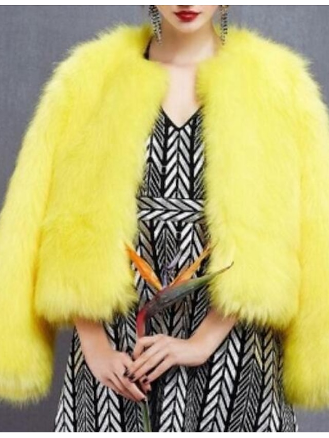  Women's Daily Basic Regular Fur Coat, Solid Colored Round Neck Long Sleeve Polyester Yellow