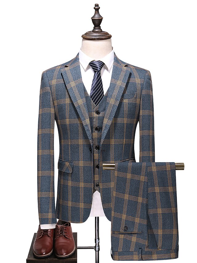  Men's Suits Coat Pants Party Daily Plaid Slim Fit Cotton / Polyester Men's Suit Gray - Peaked Lapel / Long Sleeve / Plus Size