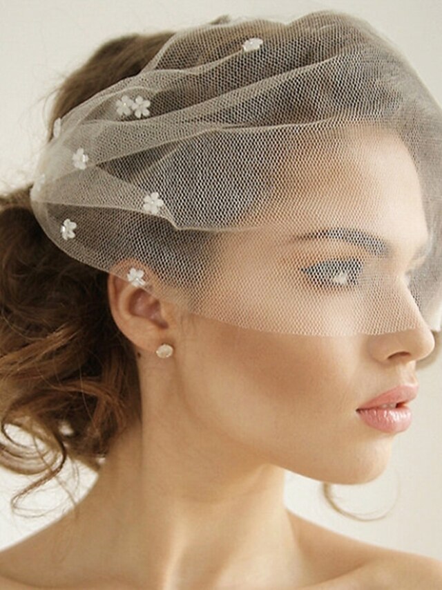 One-tier Vintage Style / Classic Style Wedding Veil Blusher Veils with Pure Color / Crystals / Rhinestones Tulle / Birdcage4