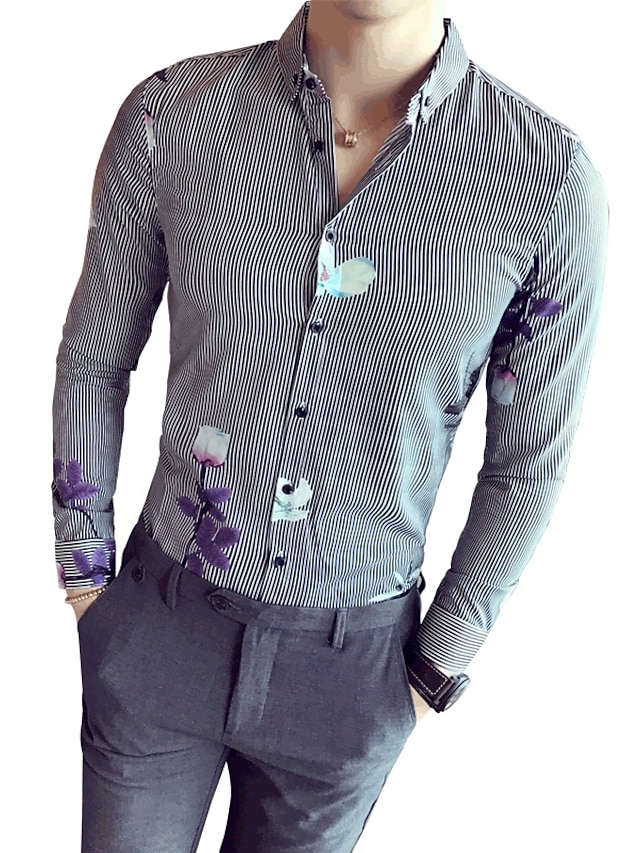  Men's Work Slim Shirt - Striped / Floral / Color Block Classic Collar Black L / Long Sleeve / Fall