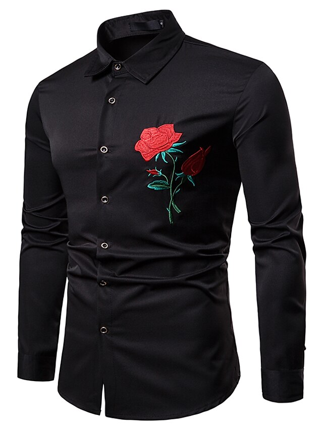 Mens Clothing Mens Shirts | Mens Shirt Floral Solid Colored Square Neck Daily Work Embroidered Long Sleeve Slim Tops Business Ba