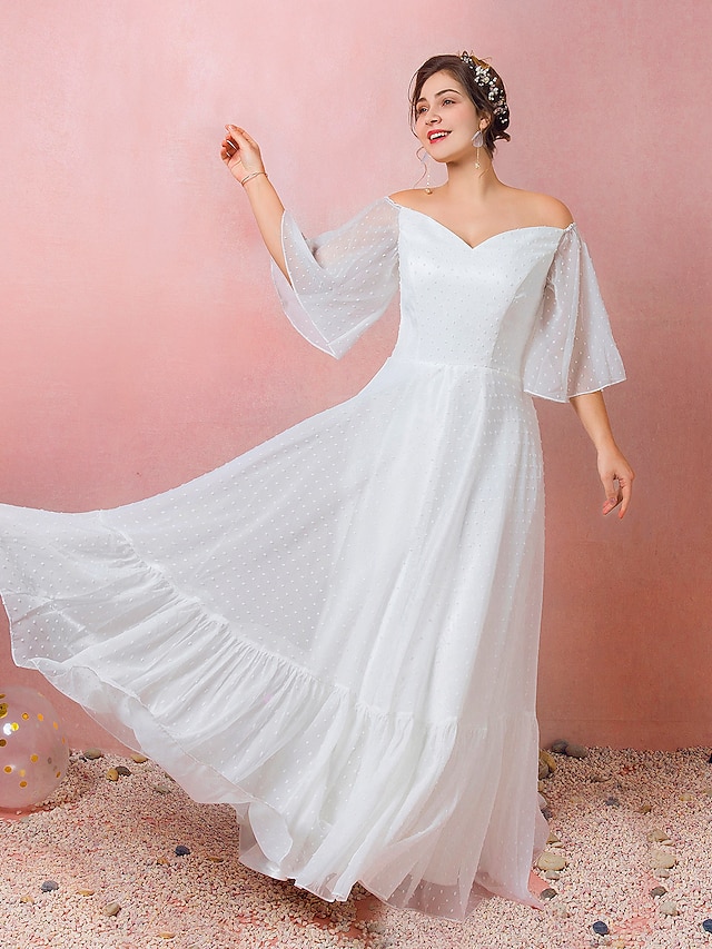  A-Line Prom Dresses Empire White Dress Engagement Prom Floor Length Off Shoulder 3/4 Length Sleeve Chiffon with Ruffles 2022