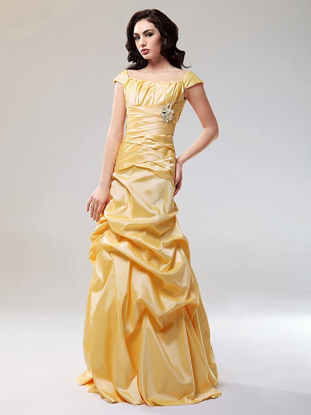  A-Line Elegant Formal Evening Dress Off Shoulder Short Sleeve Floor Length Taffeta with Criss Cross Draping 2021