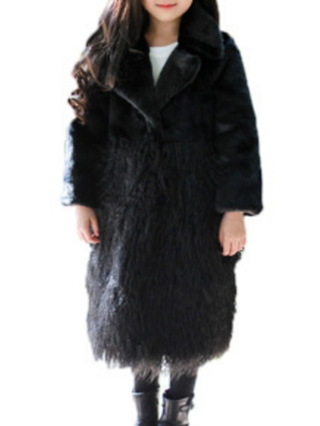  Kids Girls' Basic Solid Colored Long Sleeve Faux Fur Jacket & Coat Black