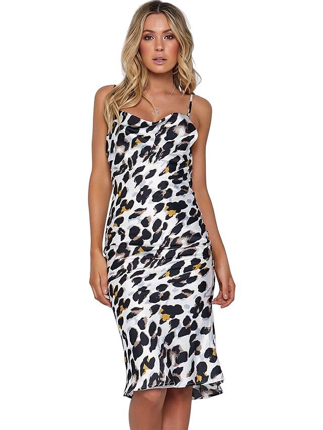  Mulheres Festa Delgado Reto Bainha Vestido Leopardo Com Alças Cintura Alta Médio / Sexy