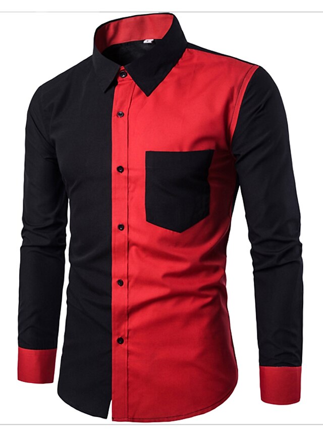  Муж. Рубашка Контрастных цветов Длинный рукав Тонкие Верхушки Классический Черный Красный