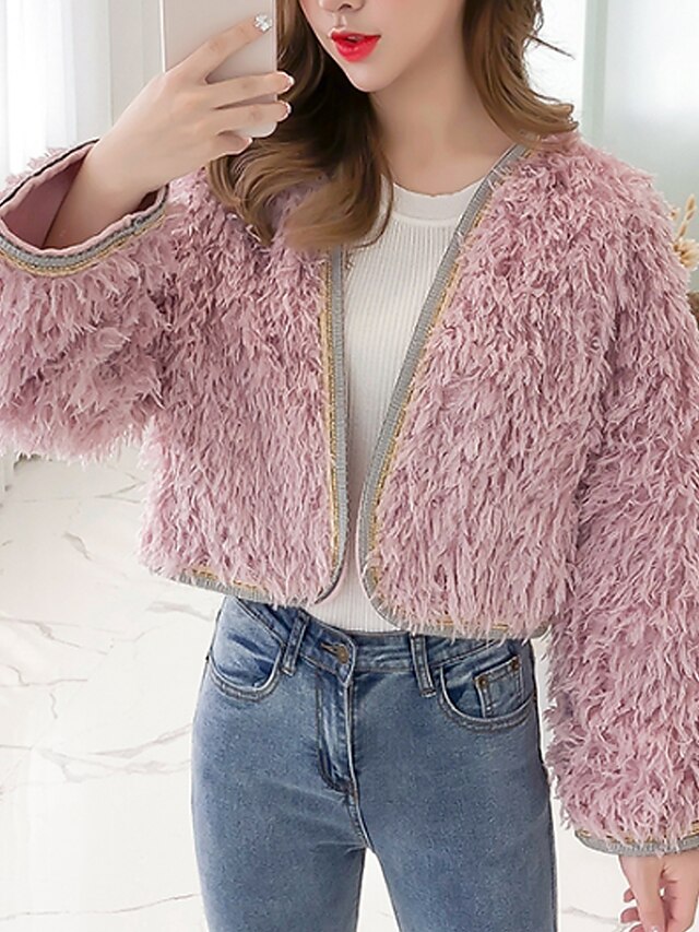  Women's Fur Coat Short Solid Colored Daily Basic Blue Yellow Blushing Pink S M L
