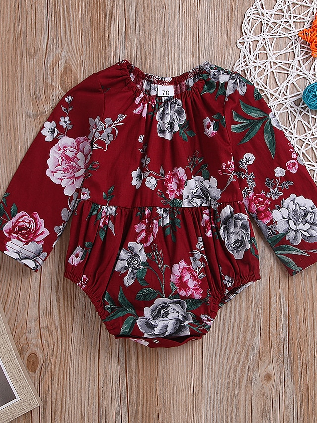  Baby Girls' Active / Street chic Daily / Holiday Floral Print Long Sleeve Cotton Romper Wine / Toddler