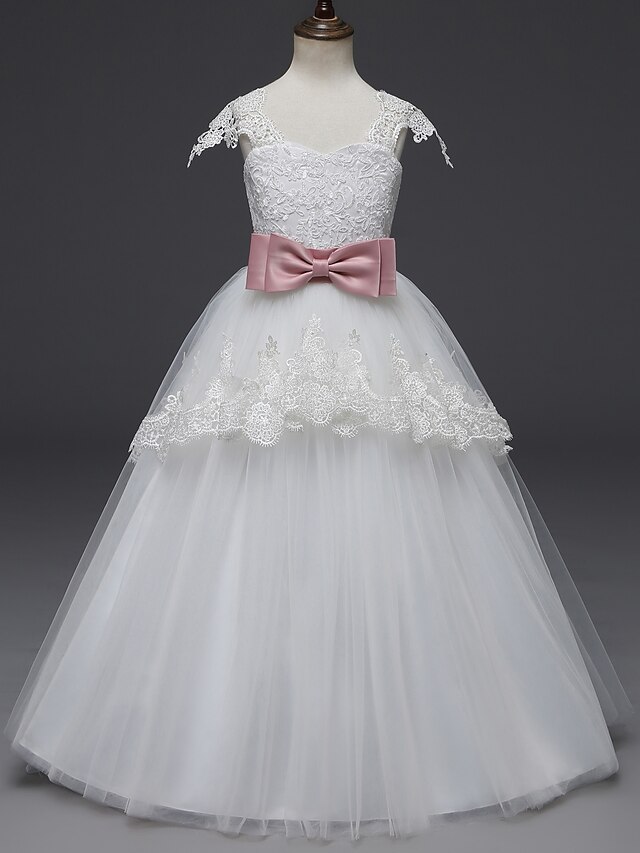  Πριγκίπισσα Μακρύ Μήκος Φόρεμα για Κοριτσάκι Λουλουδιών Πρώτη Κοινωνία Χαριτωμένο φόρεμα χορού Δαντέλα με Ζώνη Κατάλληλο 3-16 ετών