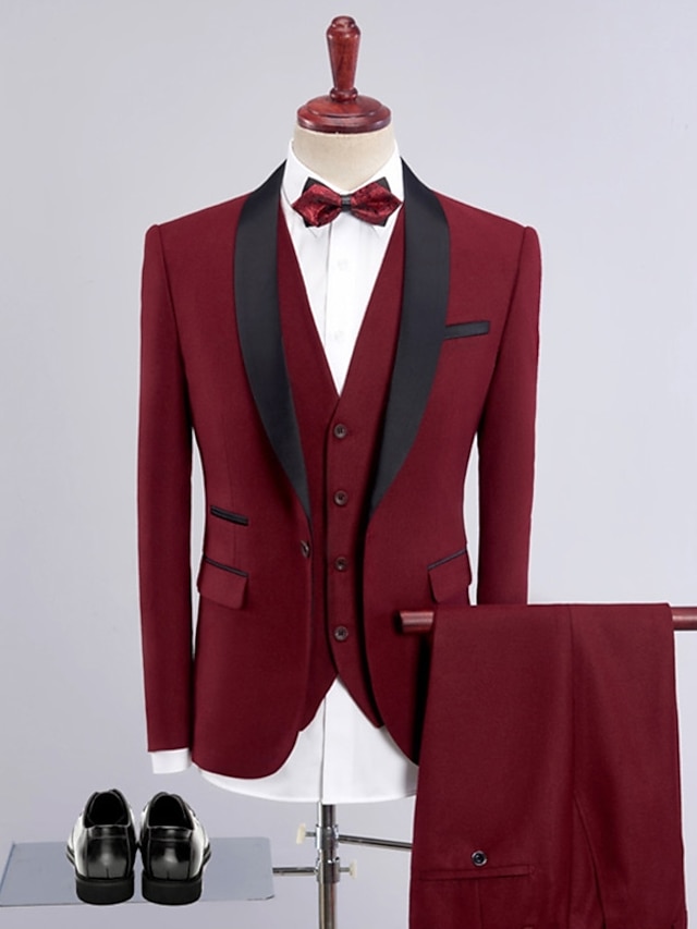  Black Burgundy Blue Men's Wedding Party Evening Tuxedos 3 Piece Solid Colored Shawl Collar Tailored Fit Single Breasted One-button 2024