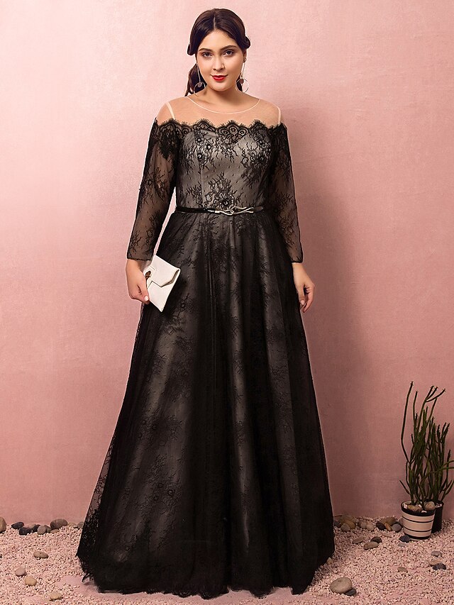  A-Line Prom Dresses Plus Size Dress Prom Formal Evening Floor Length Illusion Neck Long Sleeve Lace with Sash / Ribbon 2022