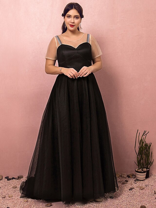  A-Line Plus Size Engagement Formal Evening Dress Jewel Neck Short Sleeve Court Train Satin with Pleats 2022 / Illusion Sleeve