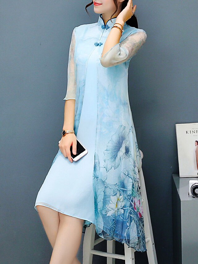  Damen Etuikleid Knielanges Kleid Leicht Blau 3/4 Ärmel Blumen Bedruckt Frühling Sommer Ständer Chinoiserie Anspruchsvoll Party Lose Blumen S M L XL XXL 3XL / Übergröße / Übergröße