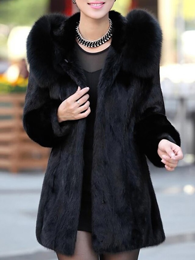  Women's Holiday / Going out Street chic / Sophisticated Spring / Fall & Winter Long Fur Coat, Solid Colored Hooded Long Sleeve Faux Fur Black / Loose
