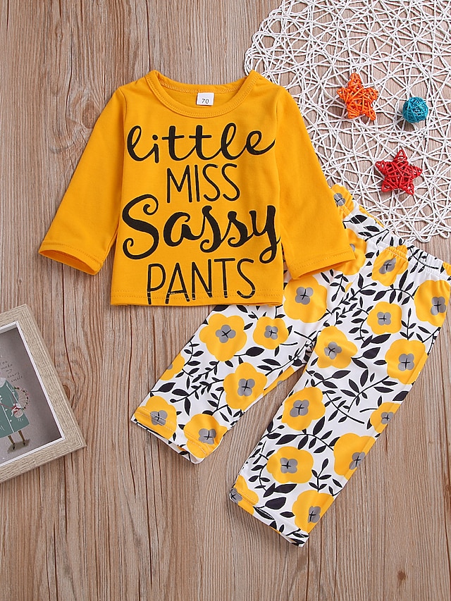  Baby Girls' Active Punk & Gothic Daily Holiday Floral Print Print Long Sleeve Regular Regular Clothing Set Yellow / Toddler